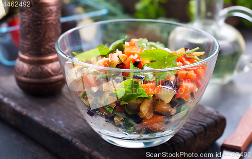 Image of fried eggplant and red pepper