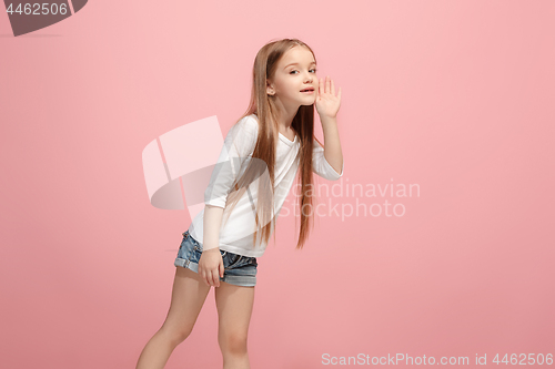 Image of Isolated on pink young casual teen girl shouting at studio