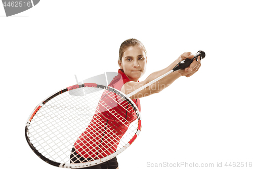 Image of Young woman playing badminton over white background