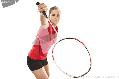 Image of Young woman playing badminton over white background