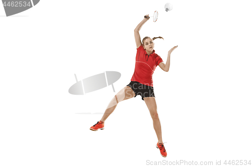 Image of Young woman playing badminton over white background