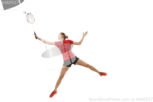 Image of Young woman playing badminton over white background