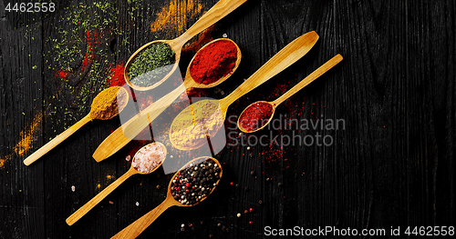 Image of Different spices placed in spoons