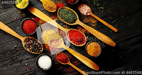 Image of Set of spoons and bowls with spices