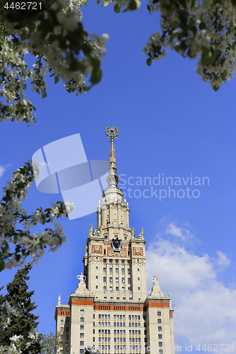 Image of Moscow State University against sky background with branch of fl