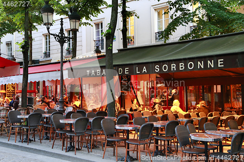 Image of French traditional cafe located on the Place de la Sorbonne in P