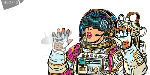 Image of Surprised woman astronaut in virtual reality glasses. Girls 80s