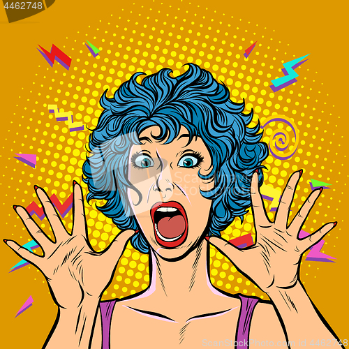 Image of woman panic, fear, surprise gesture. Girls 80s