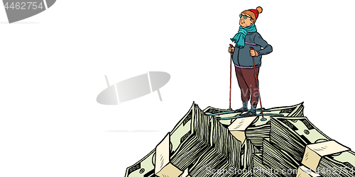 Image of skier, Money dollars mountaintop. isolate on white background