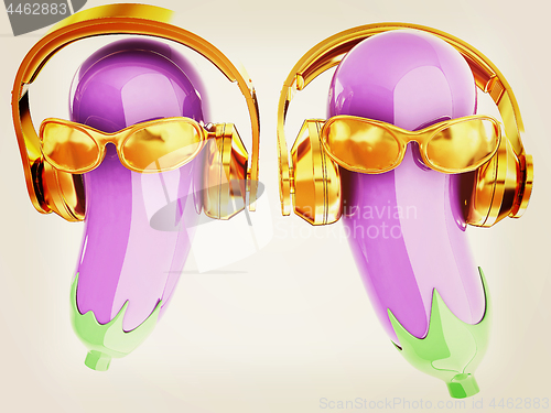 Image of eggplant with sun glass and headphones front \"face\" on a white b
