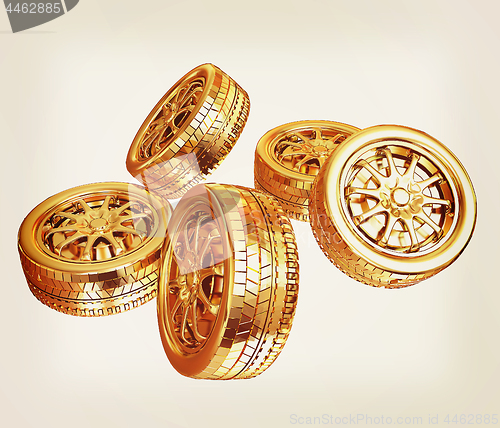 Image of Golden wheels Set isolated on white. Top view. 3d illustration. 