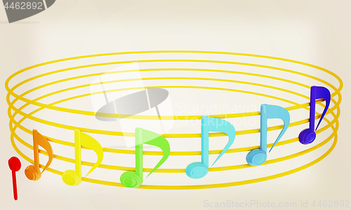 Image of Various music notes on stave. Colorfull 3d. 3D illustration. Vin