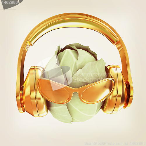 Image of Green cabbage with sun glass and headphones front \"face\" on a wh