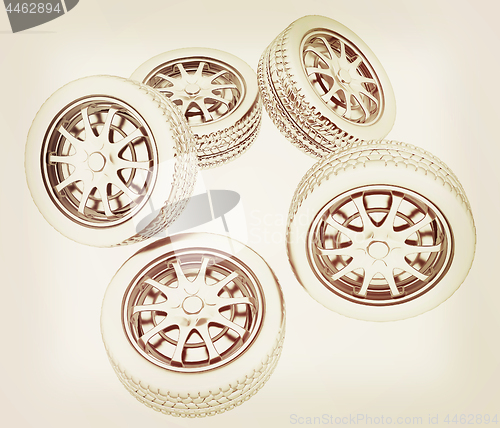 Image of Car wheels. Top view. 3d illustration. Vintage style