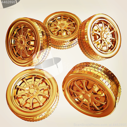 Image of Golden wheels Set isolated on white. Top view. 3d illustration. 