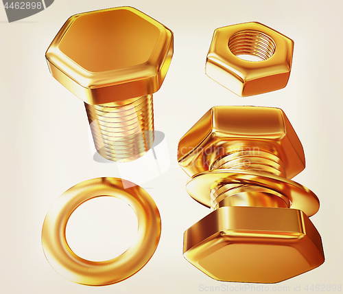 Image of Gold Bolt with nut. 3d illustration. Vintage style