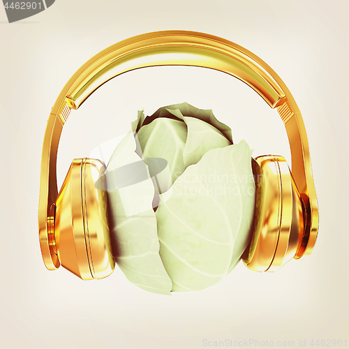 Image of Green cabbage with headphones on a white background. 3d illustra