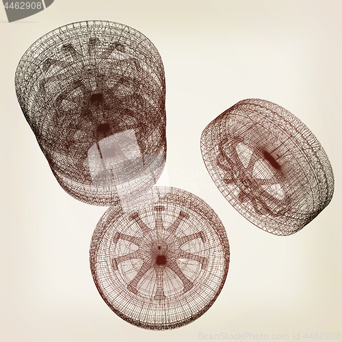 Image of computer drawing of car wheel. Top view. 3d illustration. Vintag