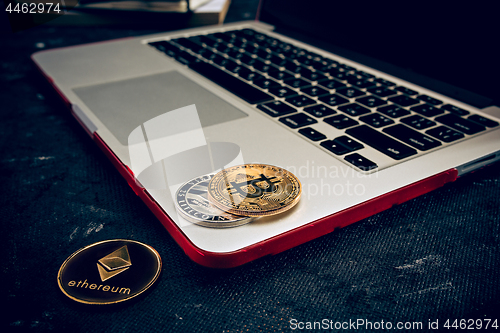 Image of The golden bitcoin on keyboard