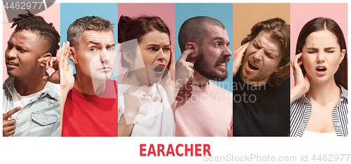 Image of Tinnitus. Closeup side profile of sick young women and man having ear pain touching her painful head on blue background