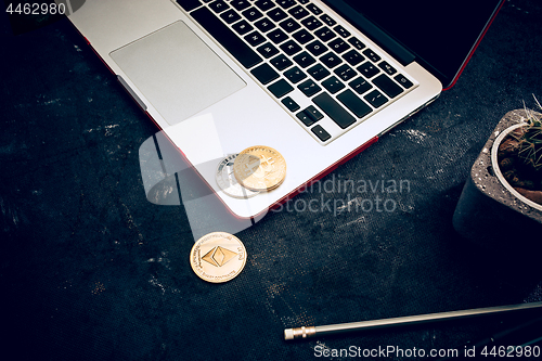 Image of The golden bitcoin on keyboard