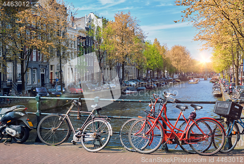 Image of Amterdam canal, bridge and medieval houses