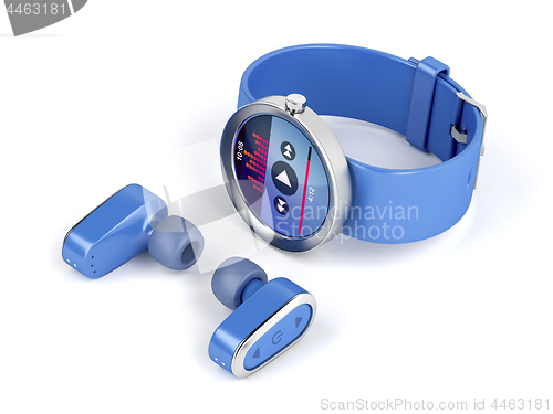 Image of Blue wireless earphones and smartwatch