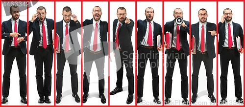 Image of Collage about handsome young bearded man over white studio background