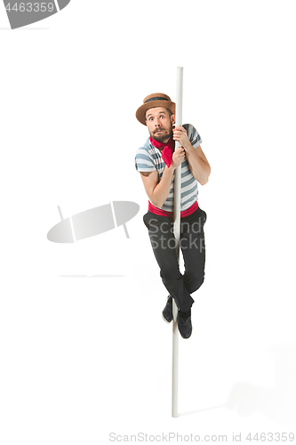 Image of Caucasian man in traditional gondolier costume and hat