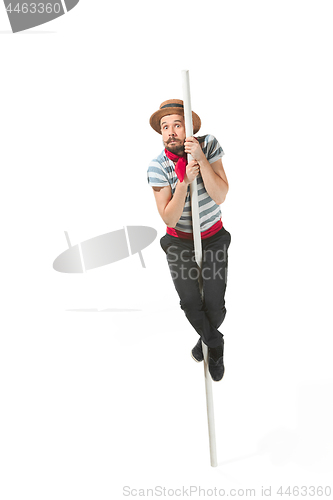 Image of Caucasian man in traditional gondolier costume and hat