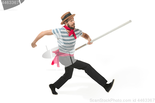 Image of Caucasian man in traditional gondolier costume and hat