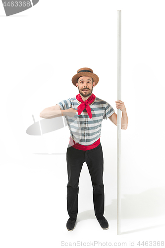 Image of Caucasian man in traditional gondolier costume and hat