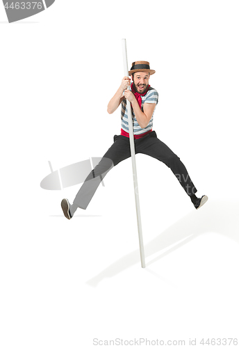 Image of Caucasian man in traditional gondolier costume and hat