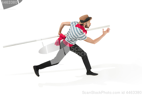 Image of Caucasian man in traditional gondolier costume and hat