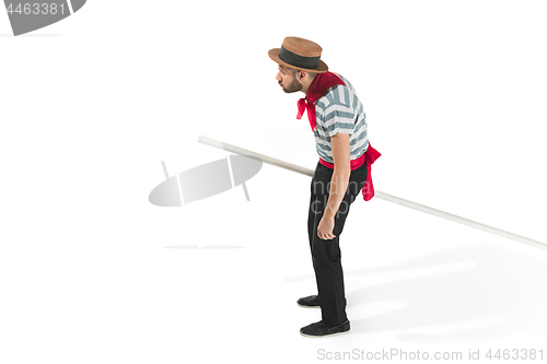 Image of Caucasian man in traditional gondolier costume and hat