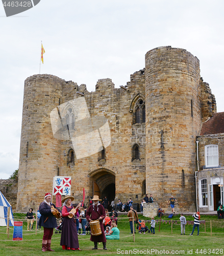 Image of Minstrels play Medieval musical instruments - hurdy gurdy, guita