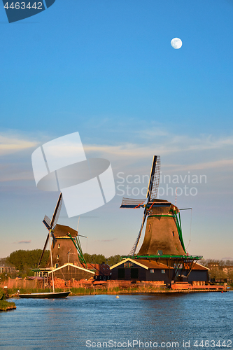 Image of Windmills at Zaanse Schans in Holland in twilight on sunset. Zaa