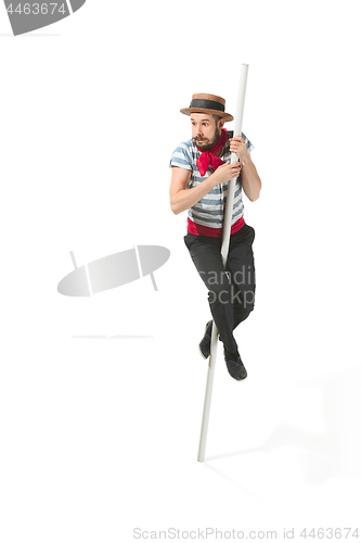 Image of Caucasian man in traditional gondolier costume and hat