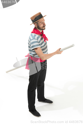 Image of Caucasian man in traditional gondolier costume and hat