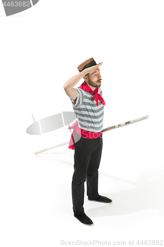 Image of Caucasian man in traditional gondolier costume and hat