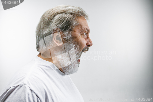 Image of The senior emotional angry man screaming on white studio background