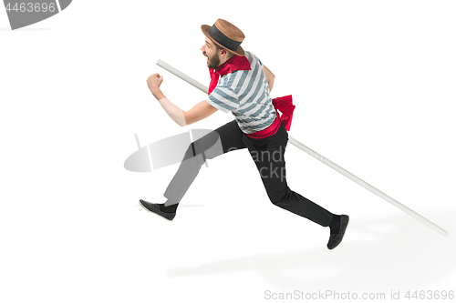 Image of Caucasian man in traditional gondolier costume and hat