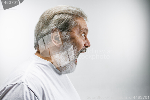 Image of The senior emotional angry man screaming on white studio background