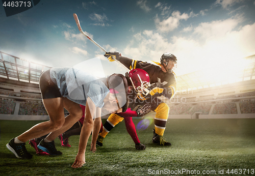 Image of Multi sports collage about Ice hockey, run, American football players at stadium