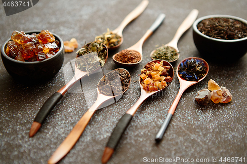 Image of Spoons with different types of dry tea leaves.