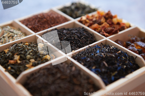 Image of Various kind of dry tea in wooden box