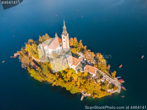 Image of Aerial view of island of lake Bled, Slovenia.