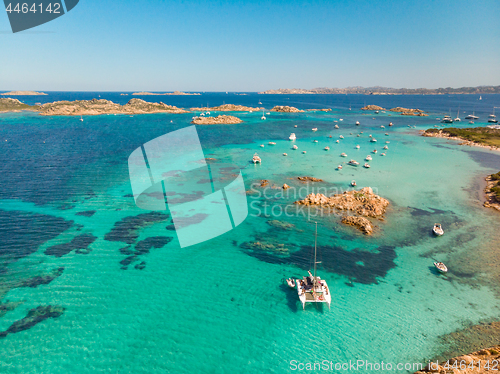 Image of Drone aerial view of catamaran sailing boat in Maddalena Archipelago, Sardinia, Italy.