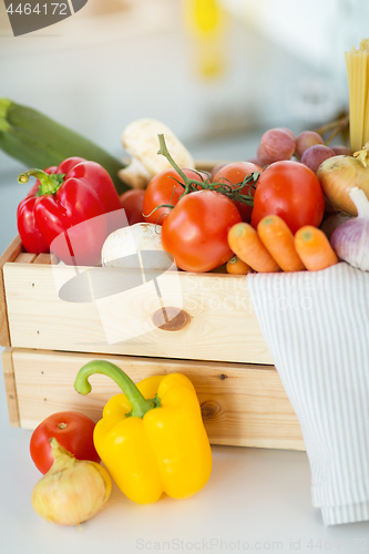 Image of close up of wooden box of fresh ripe vegetables