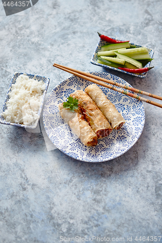 Image of Orginal asian deep fried spring rolls placed on beautiful oriental style plate